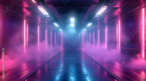 Futuristic Corridor with Neon Lights and Smoke - 3D Illustration