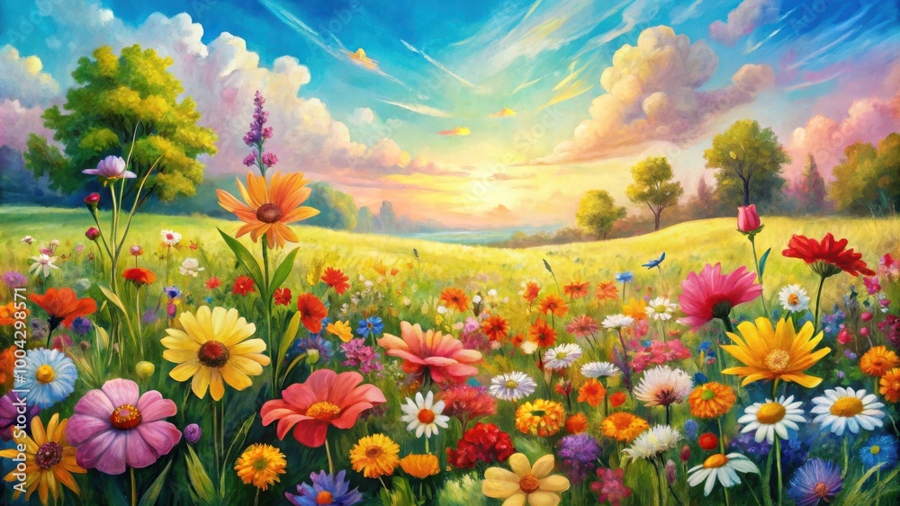 Fototapeta premium Vibrant Watercolor Field of Flowers Serene Botanical Landscape Bright Colors Artwork