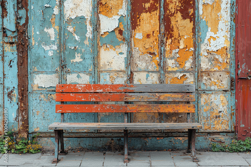 A brand new, well-kept park bench sits next to an old, rusty bench covered in peeling paint. photo