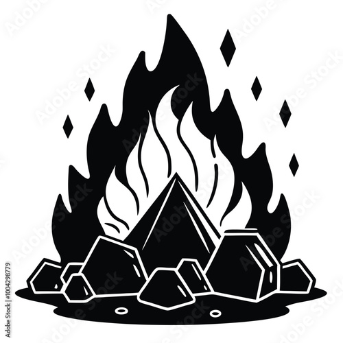 A black and white drawing of a fire with a pile of rocks on the background