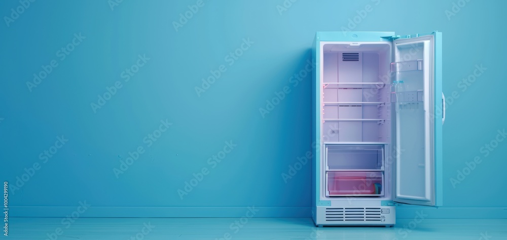 A modern open fridge against a vibrant blue wall, showcasing its spacious interior and minimalist design. Perfect for home decor.