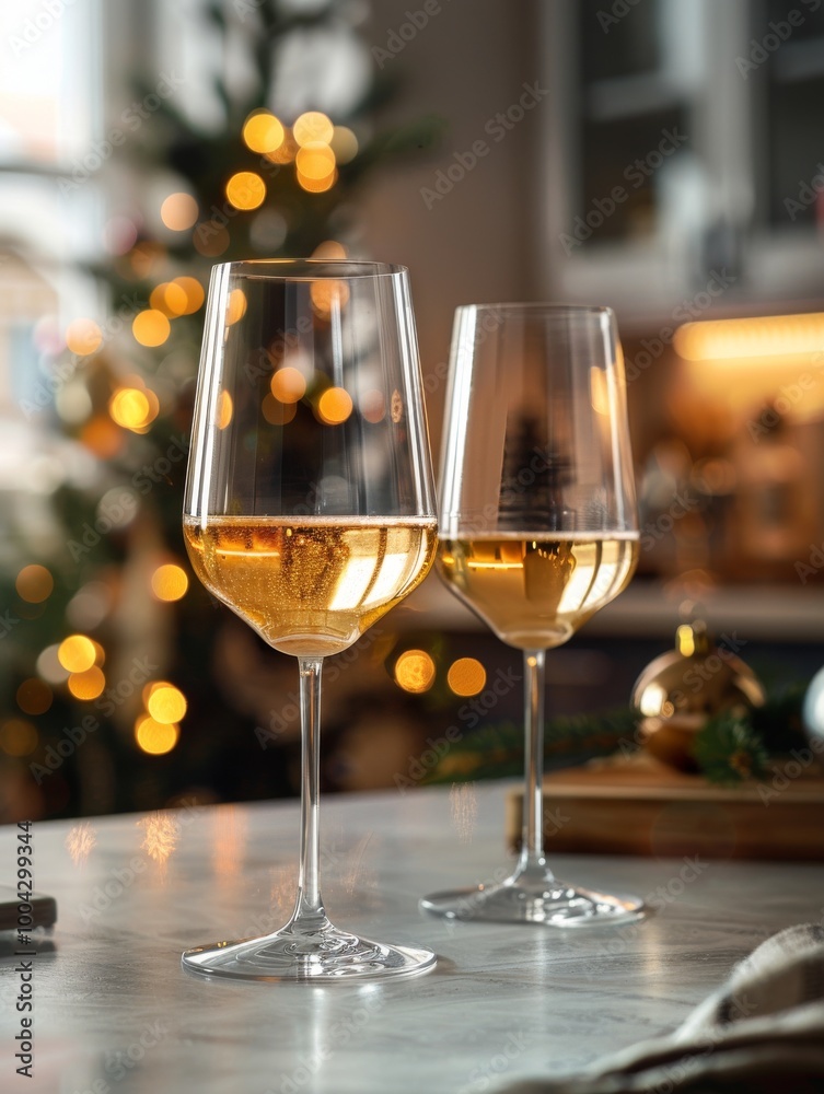 Elegant wine glasses filled with white wine, set against a festive background with holiday decorations and warm bokeh lights. Elegant wine glasses filled with white wine, set against a festive background with holiday decorations and warm bokeh lights.