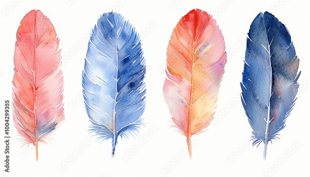 A vibrant collection of watercolor feathers in pink, blue, and orange hues, perfect for artistic and nature-inspired designs. A vibrant collection of watercolor feathers in pink, blue, and orange hues, perfect for artistic and nature-inspired designs.