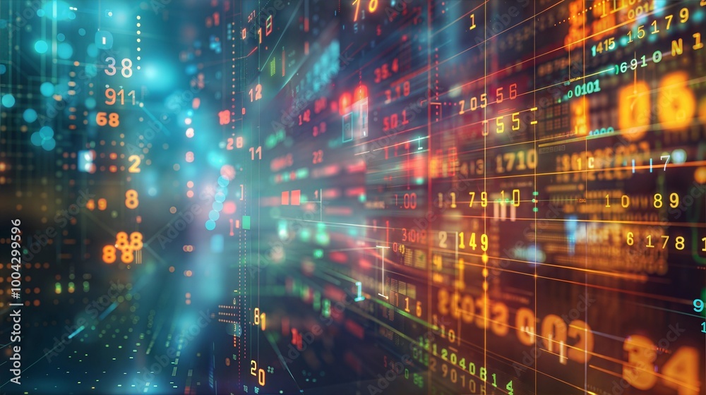 Fototapeta premium Abstract digital data background with colorful financial graphs and numbers