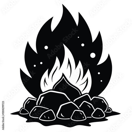 A black and white drawing of a fire with a pile of rocks on the background