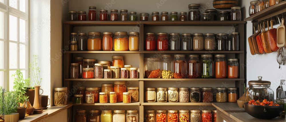 A rustic kitchen shelf filled with jars of homemade preserves, spices, and dried ingredients, cascading natural light illuminating the vibrant colors. A rustic kitchen shelf filled with jars of homemade preserves, spices, and dried ingredients, cascading natural light illuminating the vibrant colors.