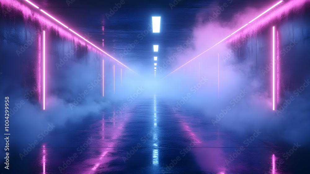 Neon Lights in a Foggy Corridor 3D Illustration Neon Lights in a Foggy Corridor 3D Illustration
