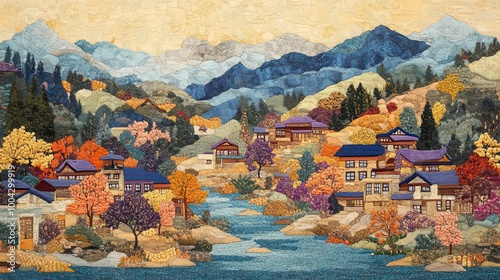 richly detailed tibetan tapestry depicting life by the yarlung tsangpo river at samye monastery showcasing vibrant colors and intricate patterns that celebrate tibetan culture and spirituality photo