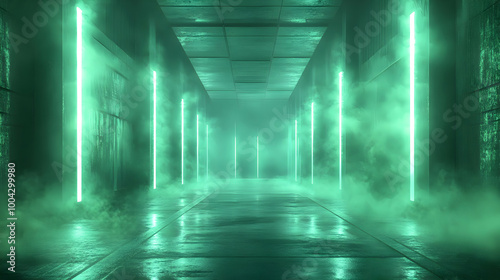 Green Neon Lights in Foggy Corridor 3D Illustration