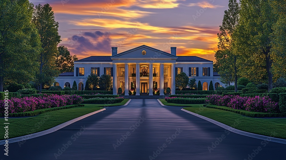 Elegant mansion with landscaped gardens at sunset. Elegant mansion with landscaped gardens at sunset.