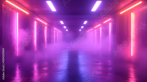 Neon Lights in a Foggy Corridor 3D Illustration