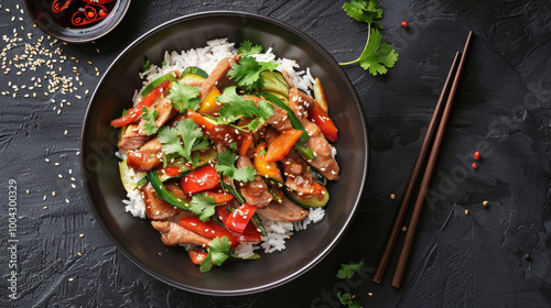 Peking Duck Stir-fry: tender duck and colorful vegetables in soy sauce, served with jasmine rice and cilantro