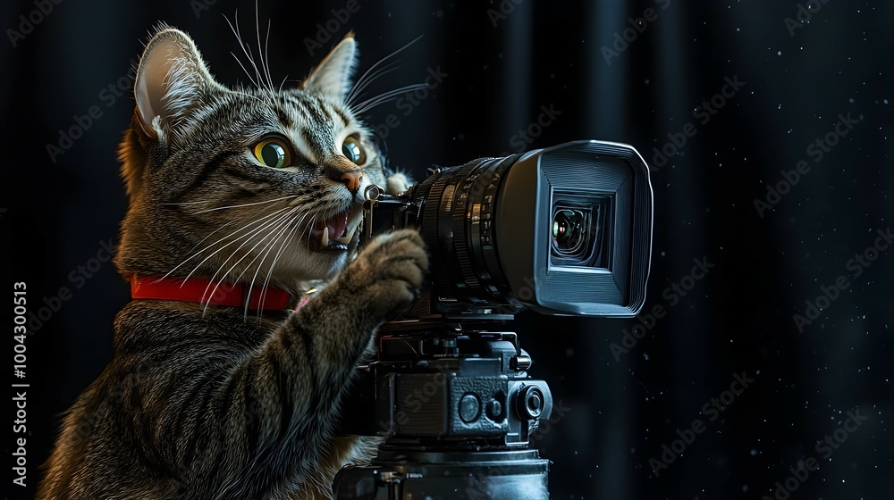 Fototapeta Feline Filmmaker:Cat Director Capturing the Shot with on a Minimalistic Pop Art Background