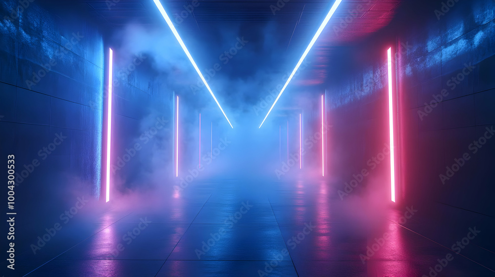Neon Lights in a Dark Corridor - 3D Illustration Neon Lights in a Dark Corridor - 3D Illustration