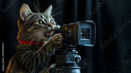 Feline Filmmaker:Cat Director Capturing the Shot with on a Minimalistic Pop Art Background