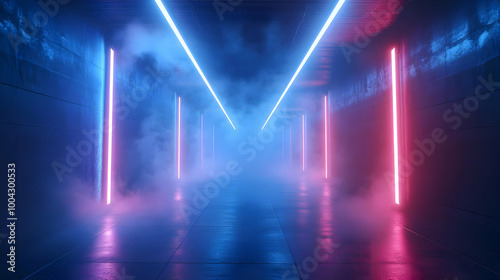 Neon Lights in a Dark Corridor - 3D Illustration