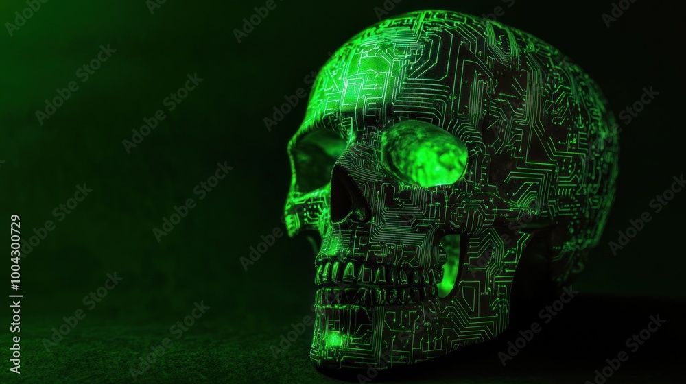Skull with glowing green circuits viewed from the side Skull with glowing green circuits viewed from the side