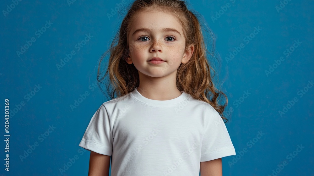 Male child, girl wearing bella canvas white shirt mockup, at blue background. Design tshirt template, print presentation mock-up. generative ai Male child, girl wearing bella canvas white shirt mockup, at blue background. Design tshirt template, print presentation mock-up. generative ai