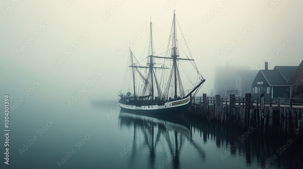 Foggy harbor scene with a sailing ship. Foggy harbor scene with a sailing ship.