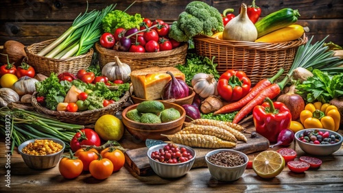 Assorted fresh food items close up on rustic table for vibrant food photography