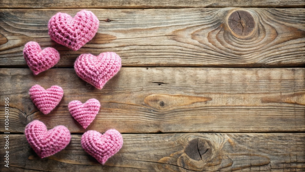 Crochet pink hearts on rustic wooden background for Valentine's Day crafts and decorations Crochet pink hearts on rustic wooden background for Valentine's Day crafts and decorations