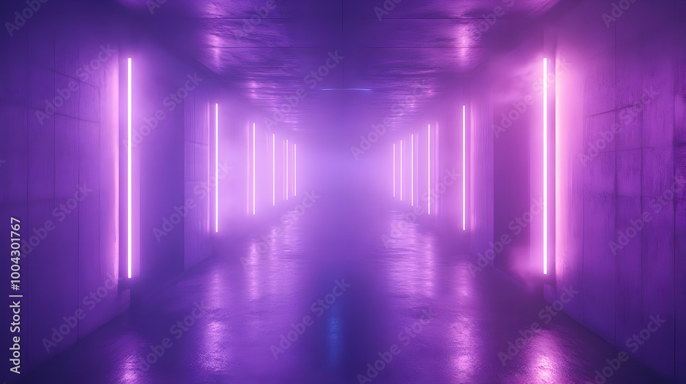 Purple Neon Lights in a Foggy Corridor 3D Illustration Purple Neon Lights in a Foggy Corridor 3D Illustration