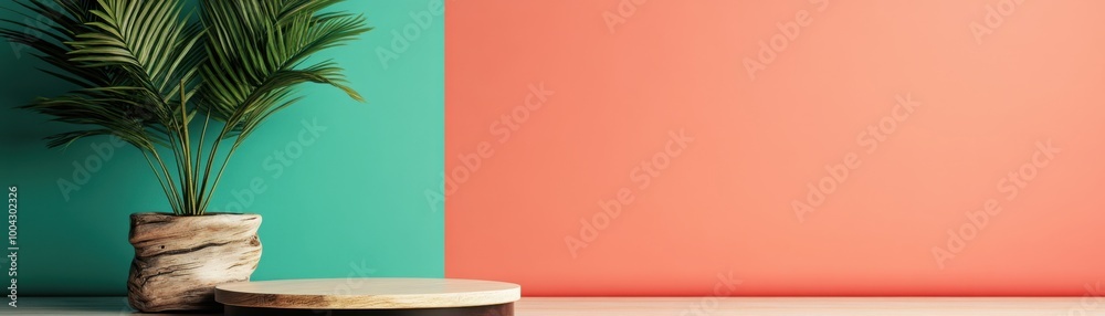 Stylish interior featuring a green and coral wall, a decorative plant, and a wooden table for modern aesthetics Stylish interior featuring a green and coral wall, a decorative plant, and a wooden table for modern aesthetics