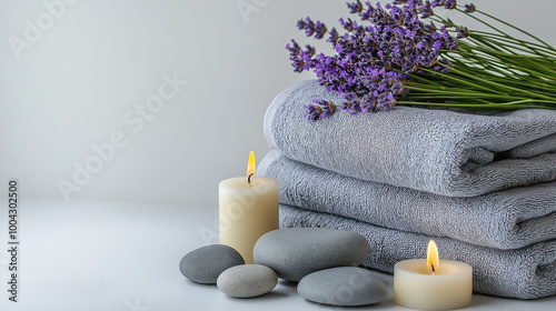 Spa accessory set on a white background with copy space. beauty wellness, massage therapy, zen, relax, candle bath. 