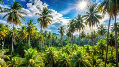 Idyllic Tropical Jungle with Green Palm Trees Under Sunny Blue Sky - Panoramic Nature Landscape