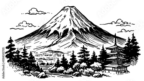 japanese mountain fuji, black vector sketch