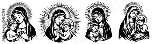 sacred depictions of Our Lady Virgin Mary and child Jesus in tender embrace