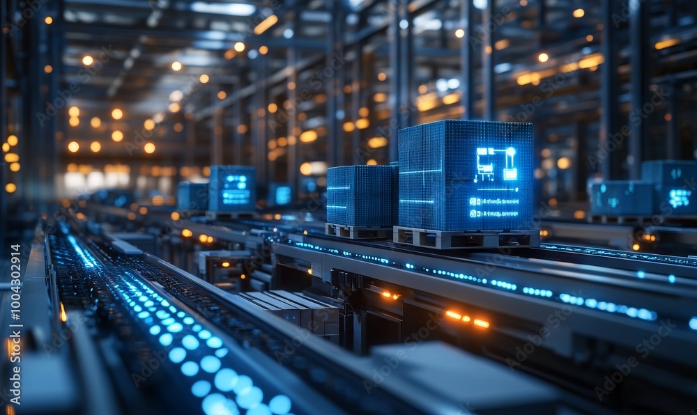Digital Hologram of Boxes on a Conveyor Belt in a Warehouse, AI generated illustration Digital Hologram of Boxes on a Conveyor Belt in a Warehouse, AI generated illustration