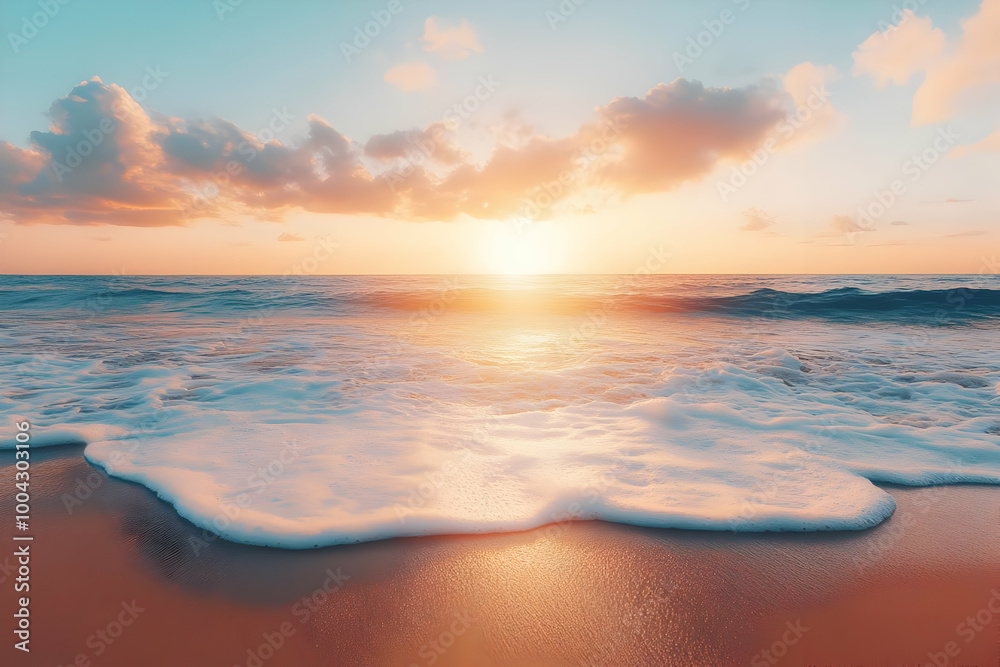 Fototapeta premium Ocean Waves Crashing on Sandy Beach at Sunset with Golden Sky and Clouds