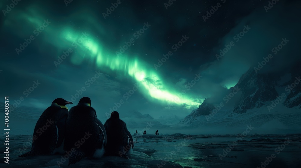 A group of penguins huddles together on icy terrain beneath the mesmerizing northern lights, with towering mountains framing the serene winter scene. A group of penguins huddles together on icy terrain beneath the mesmerizing northern lights, with towering mountains framing the serene winter scene.