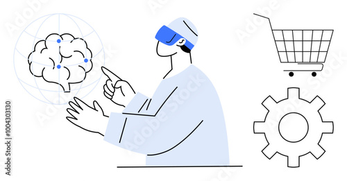 A person wearing VR glasses interacts with a neural network hologram. Nearby are a shopping cart and a gear. Ideal for technology innovation, virtual reality, neural networks, e-commerce