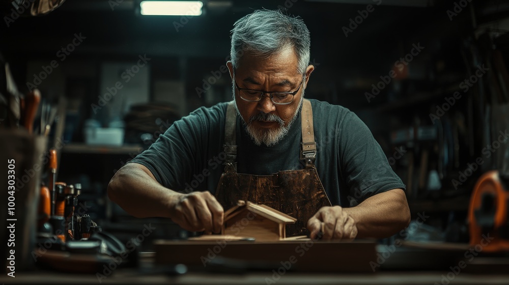 An experienced artisan intently works on a wooden project in a dimly lit workshop, embodying dedication and craftsmanship in the art of woodworking and design. An experienced artisan intently works on a wooden project in a dimly lit workshop, embodying dedication and craftsmanship in the art of woodworking and design.
