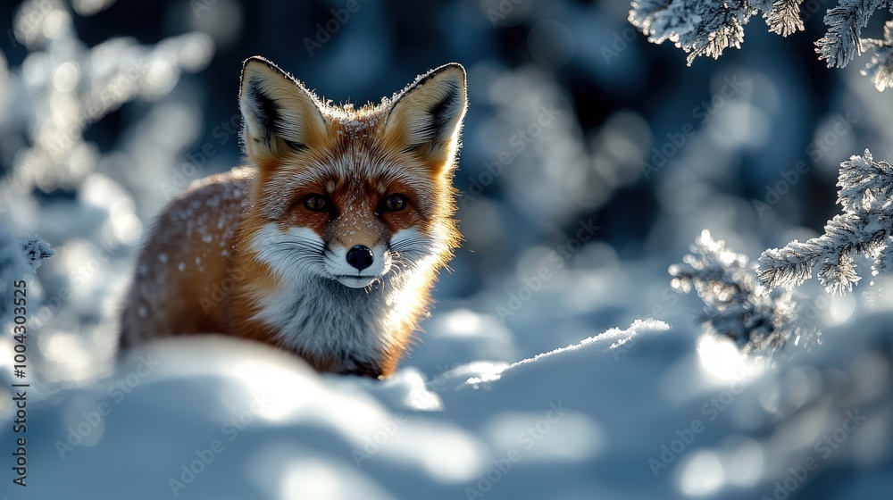 A curious fox cautiously explores a snowy forest, its watchful eyes and sharp ears standing out against the glistening frost, embodying nature's survival and gracefulness. A curious fox cautiously explores a snowy forest, its watchful eyes and sharp ears standing out against the glistening frost, embodying nature's survival and gracefulness.