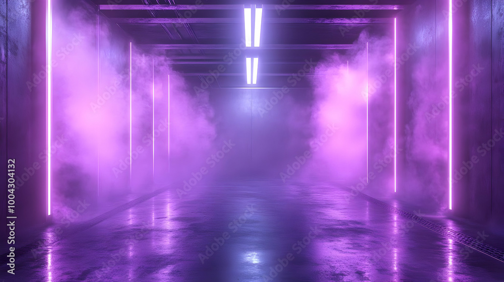 Purple Neon Lights in a Foggy Tunnel 3D Illustration