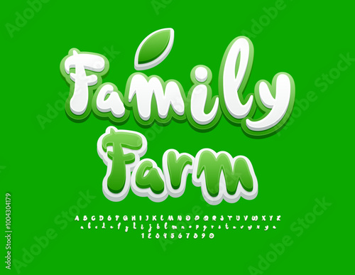 Vector creative logo Family Farm with decorative Font. Artistic Green and White Alphabet Letters and Numbers set