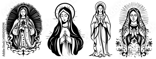 portraits of Virgin Mary in traditional religious art style vector shape