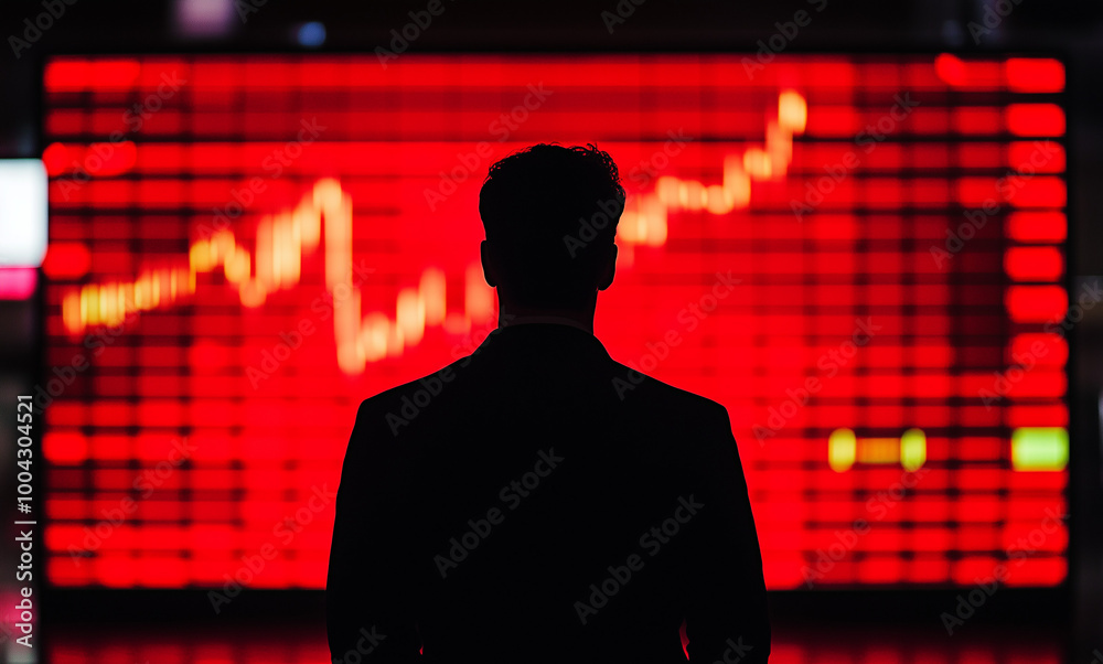 Silhouette di un uomo di fronte a uno schermo a cristalli liquidi rosso con una linea di trend. Controllare l'andamento dei propri investimenti. Silhouette di un uomo di fronte a uno schermo a cristalli liquidi rosso con una linea di trend. Controllare l'andamento dei propri investimenti.