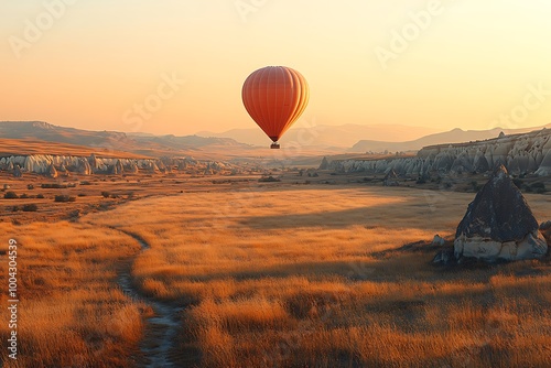 A hot air balloon floats over a scenic valley in Cappadocia at sunrise. photo