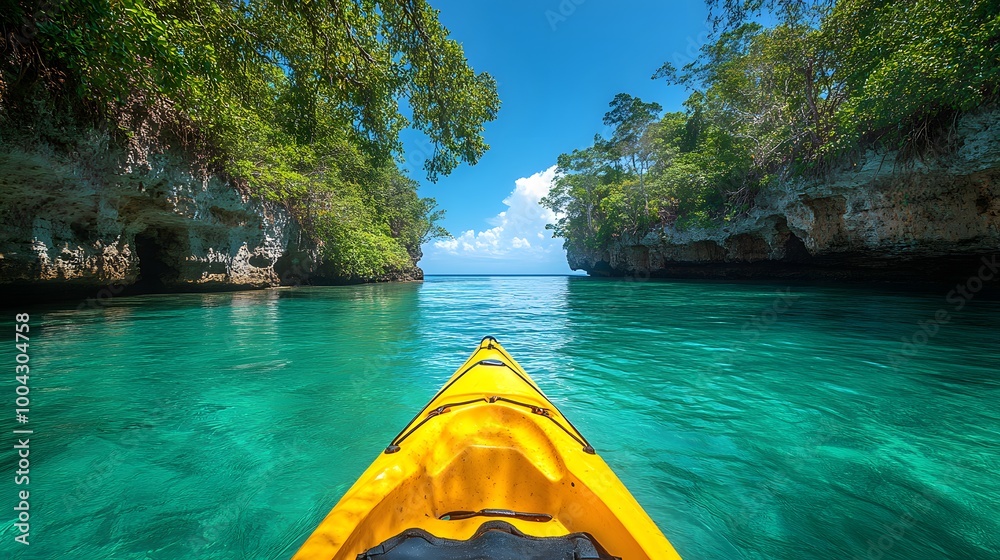 Fototapeta premium Kayakers exploring a hidden river inlet surrounded by towering cliffs and green forests