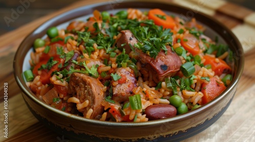 Spicy and Flavorful Asian Inspired Pork Stir Fry Dish Served in a Rustic Bowl on a Wooden Table