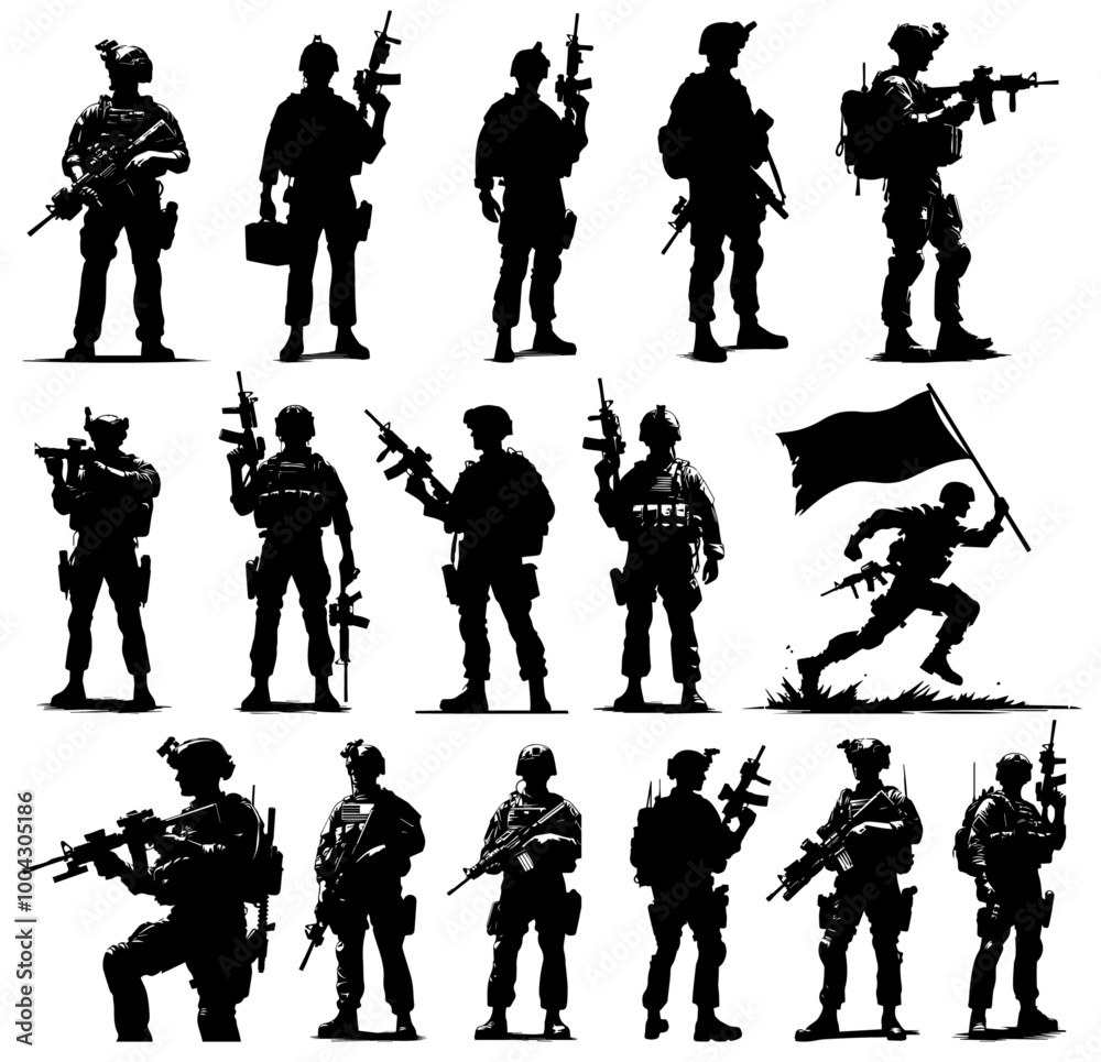 silhouettes of soldiers in various tactical stances vector shape