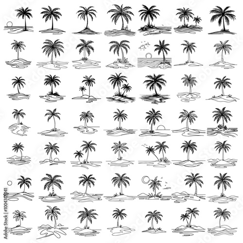 variety of palm tree silhouettes in island landscapes vector shape