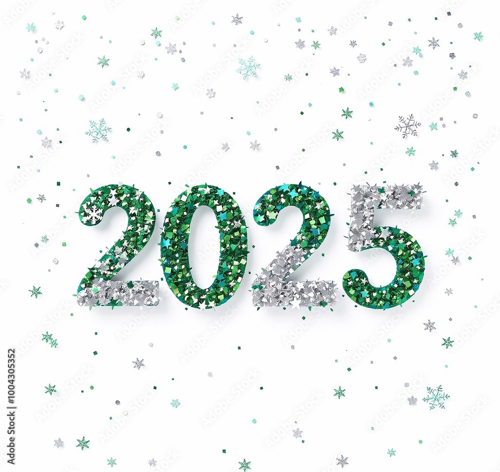 Celebrate the New Year 2025 with glitter, snowflakes and confetti in green, blue and silver tones 