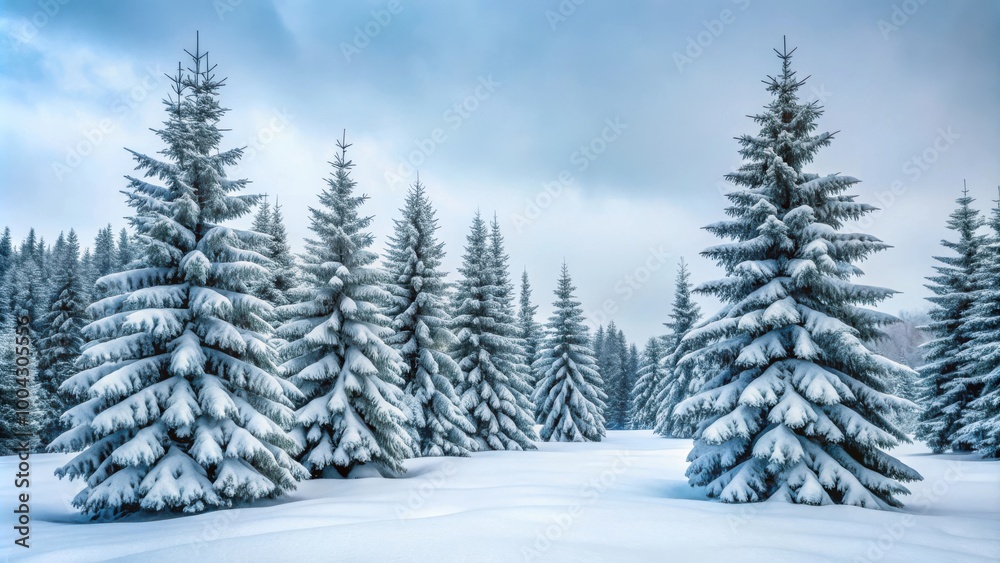 Winter wonderland scene of snow-covered evergreen trees in overcast weather Winter wonderland scene of snow-covered evergreen trees in overcast weather