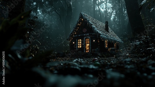 A whimsical gingerbread house illuminated warmly in a dark, mystical forest, creating an enchanting fairy tale ambiance filled with magic and wonder.