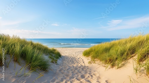 A serene beach view showcasing soft sand, lush grass, and a bright blue sky, perfect for relaxation and nature lovers.